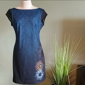 Desigual Dress Sheath Fitted Cap Sleeve Artistic Floral Print Blue Black M NWT